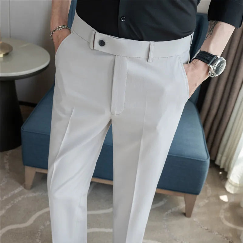 Men’s Stretch Solid Color Trousers – Slim Fit Ankle-Length Pants for Business, Casual & Formal Events