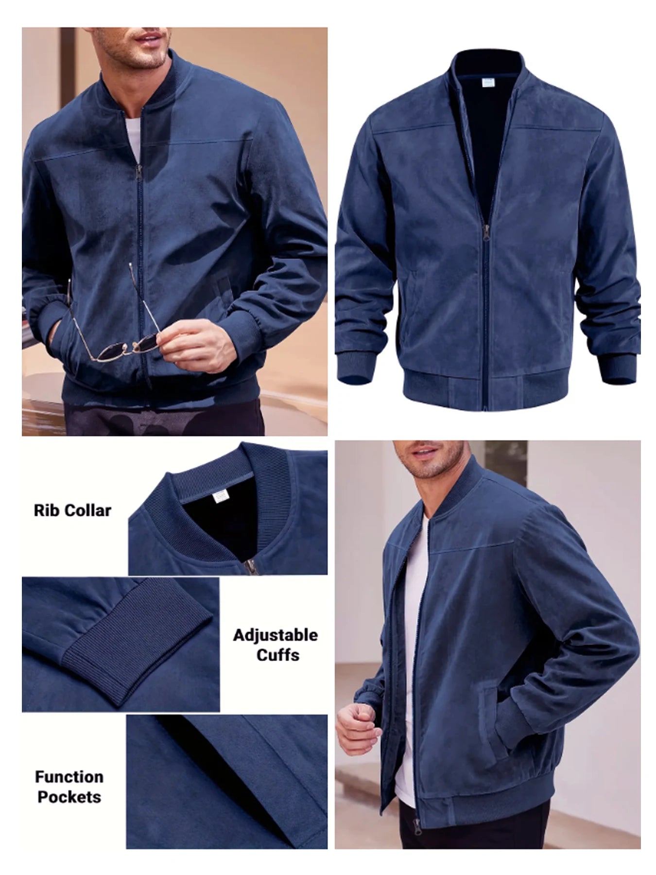 Men’s Suede Zip-Up Bomber Jacket – Casual Sport and Golf Style