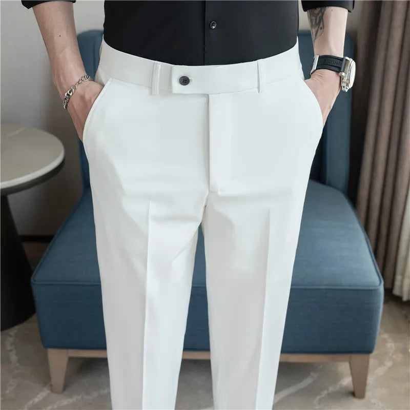 Men’s Stretch Solid Color Trousers – Slim Fit Ankle-Length Pants for Business, Casual & Formal Events