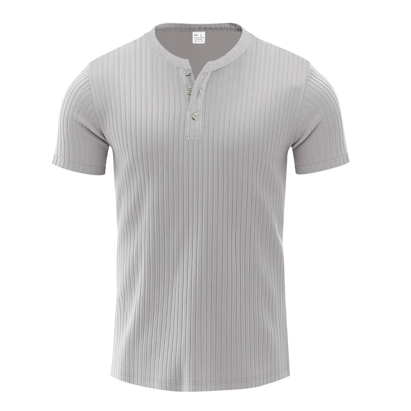 Men’s Striped Knit T-Shirt – Henley Neck, Short Sleeve, Soft & Breathable Casual Top