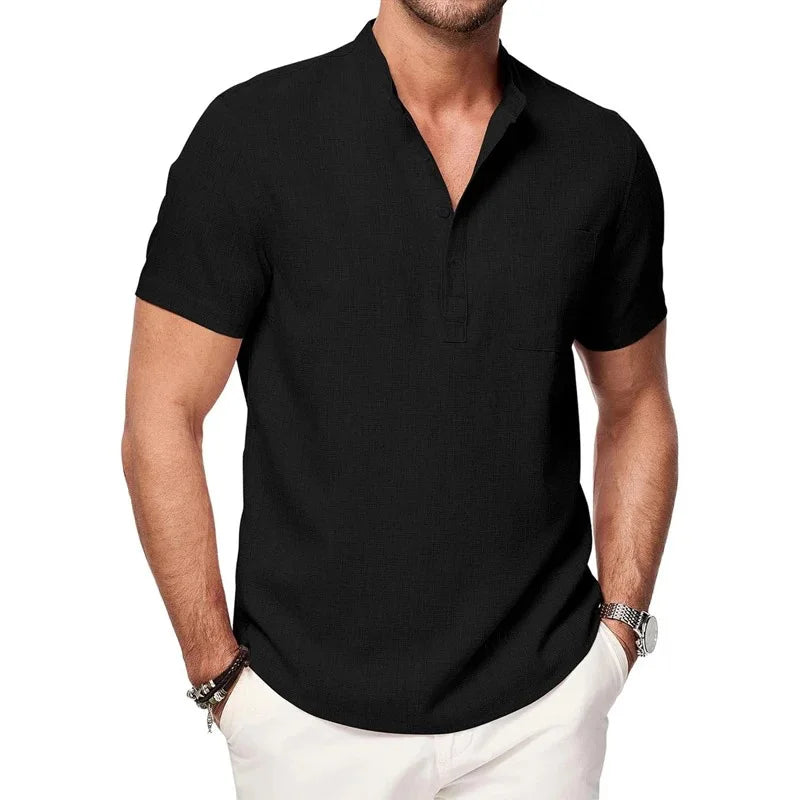 Men’s Henley Cotton-Linen T-Shirt – Short Sleeve Casual Tee with Button Pocket