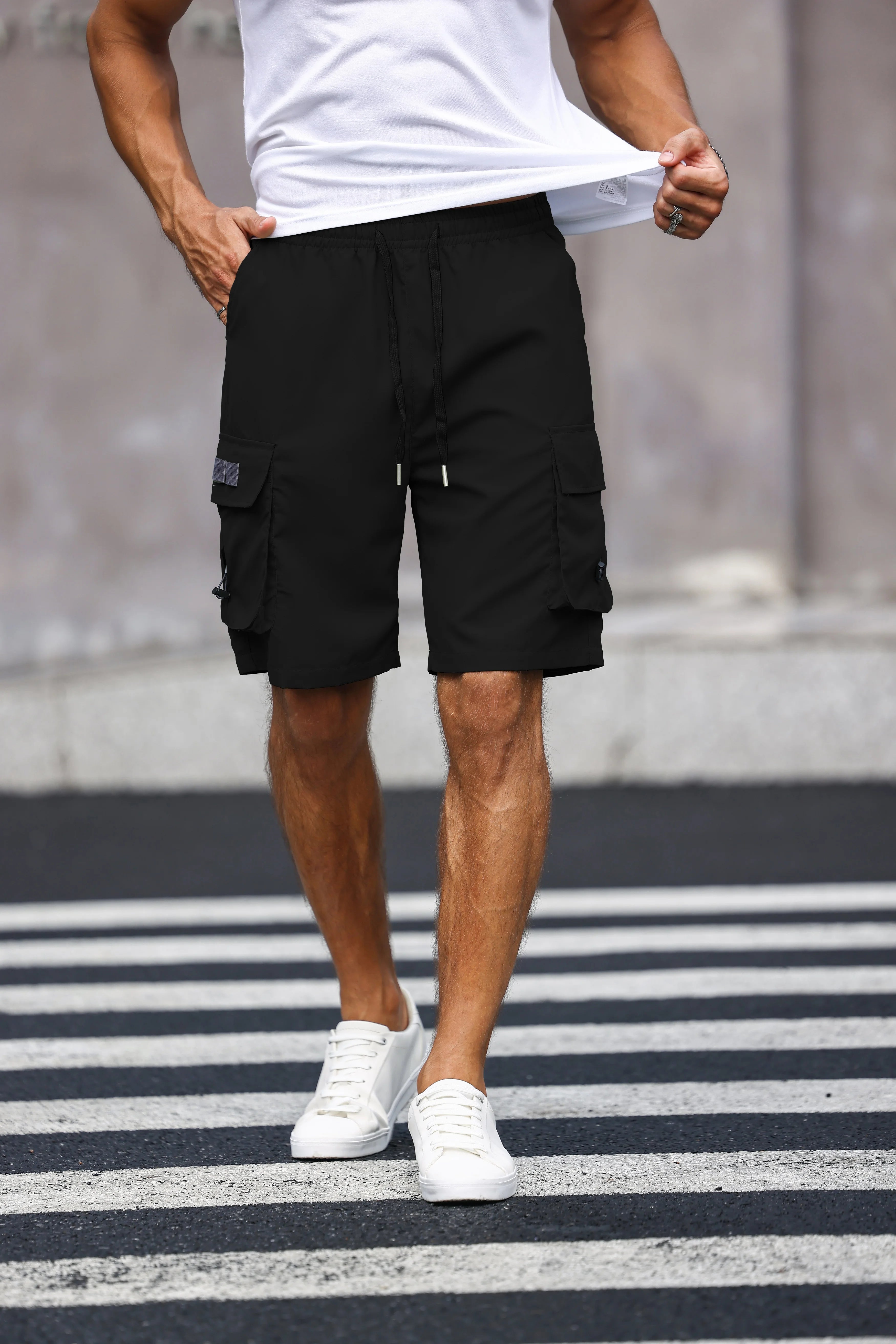 Men’s Multicolor Cargo Shorts – Solid Color Drawstring Summer Shorts with Pockets