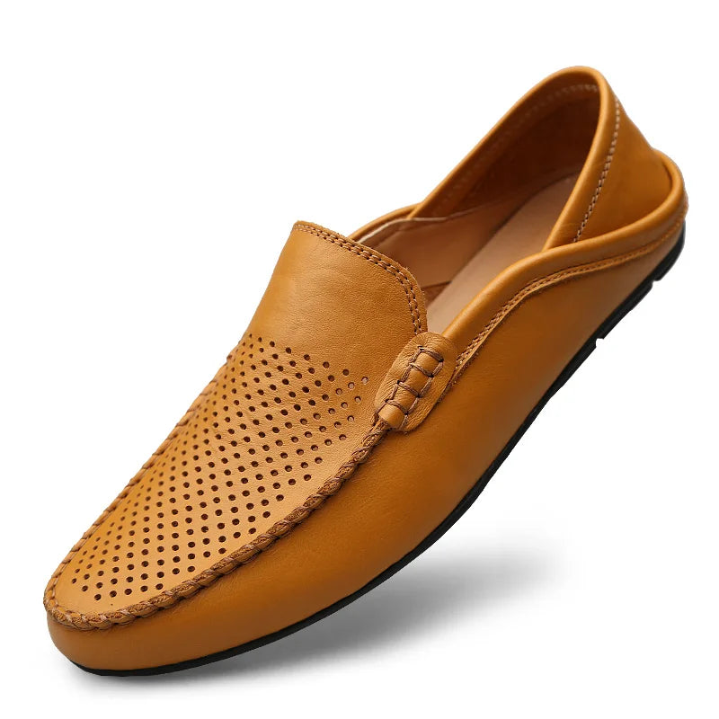 Men’s Summer Casual Leather Moccasins – Breathable Slip-On Boat Shoes, Italian-Style Luxury Driving Loafers