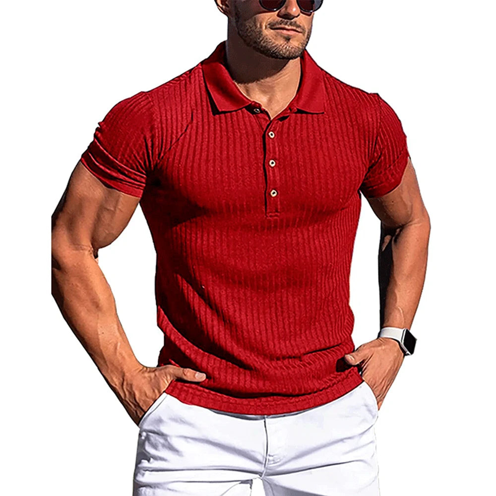 Men’s Summer Polo Shirt – Solid & Striped Short Sleeve, Stretch Fitness Top with Stand Collar