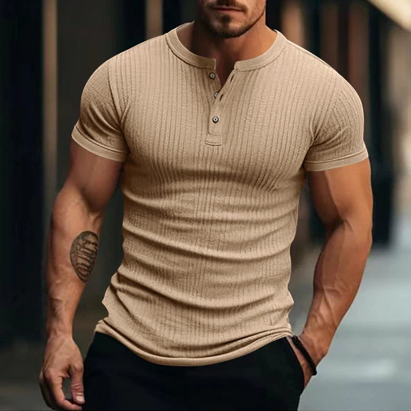Men’s Striped Knit T-Shirt – Henley Neck, Short Sleeve, Soft & Breathable Casual Top