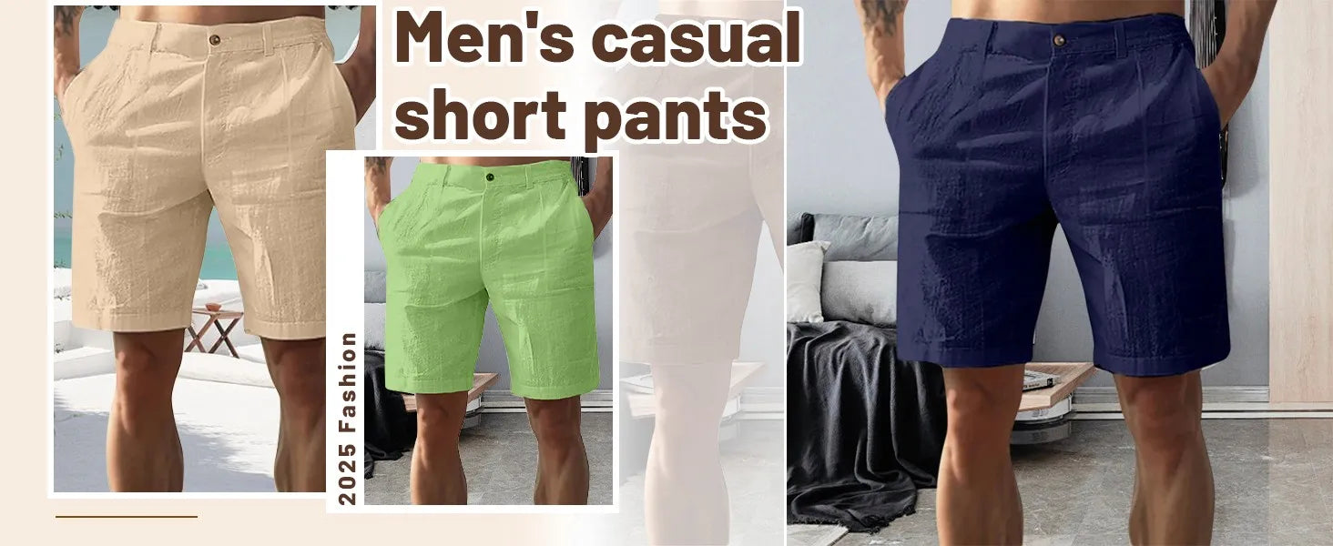 Men’s Solid Color Linen Shorts – Breathable Casual Beach Pants for Summer Holiday