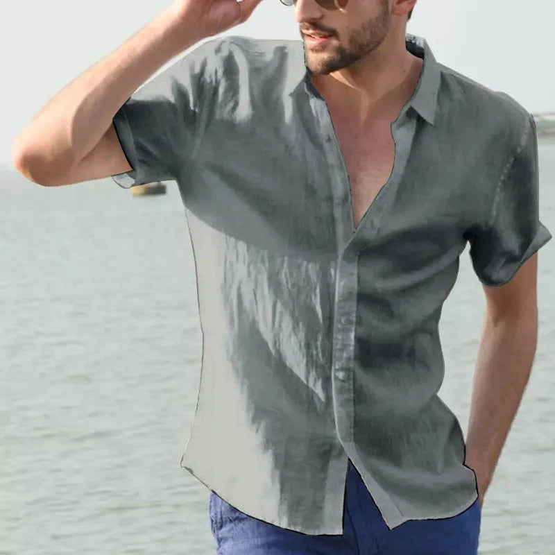 Men’s Casual Cotton Linen Short Sleeve Shirt – Solid Color Summer Beachwear