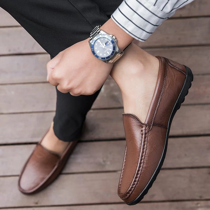 Men’s Genuine Leather Loafers – Luxury Italian Style Slip-On Driving Shoes