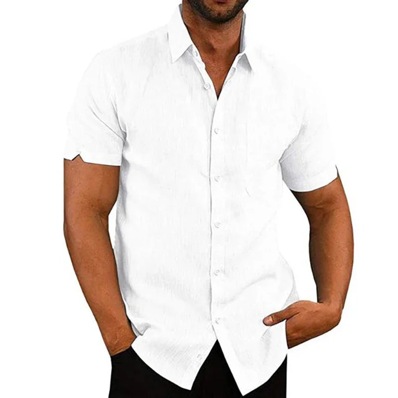Men’s Summer Cotton Linen Shirt – Short Sleeve, Turn-Down Collar, Casual Style