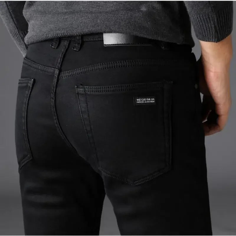 Men’s Classic Black Stretch Jeans – Soft Denim Biker Pants for Spring & Autumn