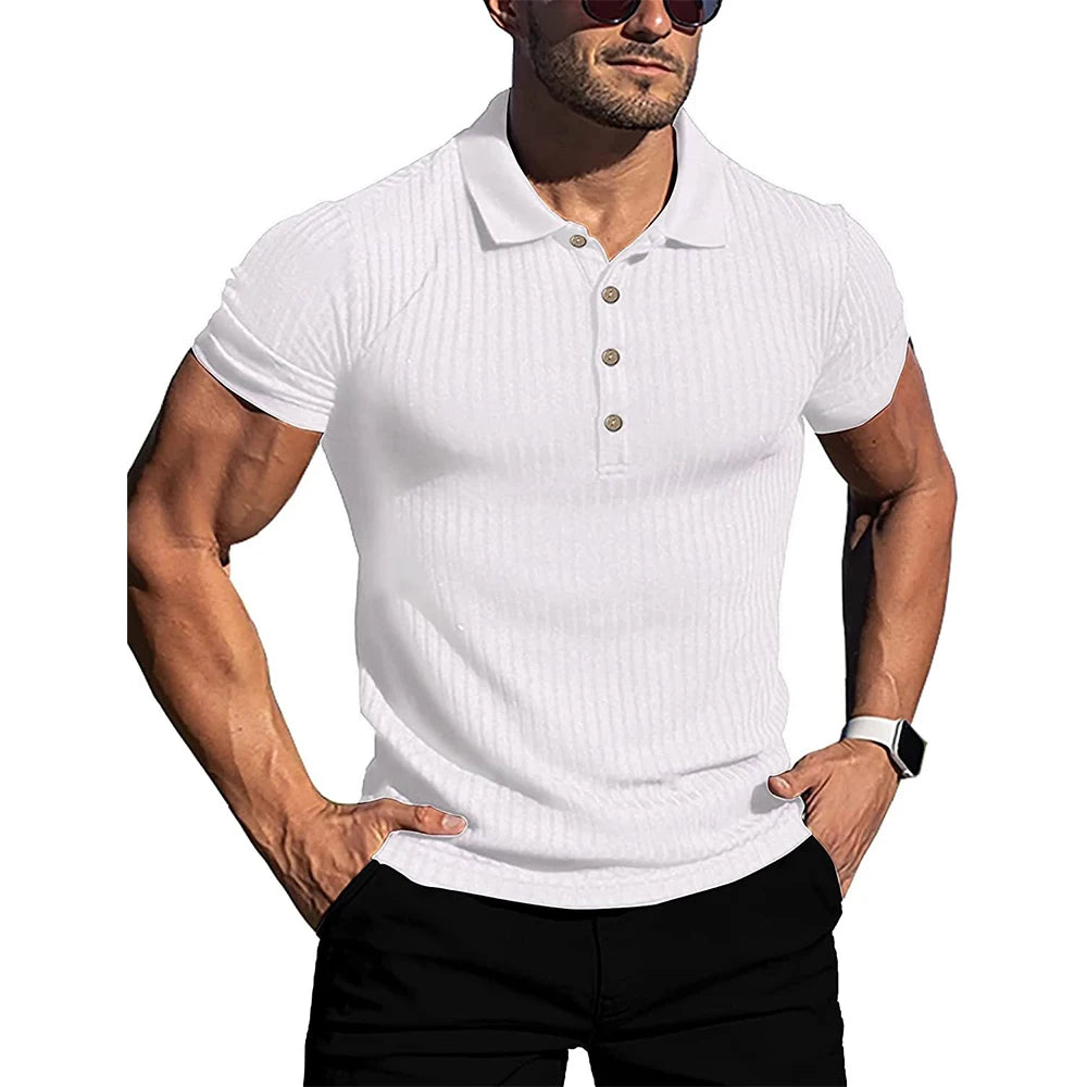 Men’s Summer Polo Shirt – Solid & Striped Short Sleeve, Stretch Fitness Top with Stand Collar