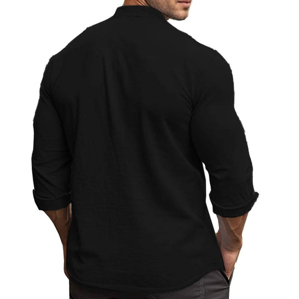 Men’s Cotton Linen Henley Shirt – Slim Fit, Breathable Solid Color Casual Wear