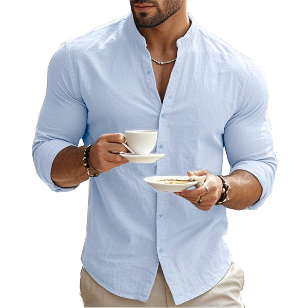 Men’s Cotton Linen Henley Shirt – Slim Fit, Breathable Solid Color Casual Wear