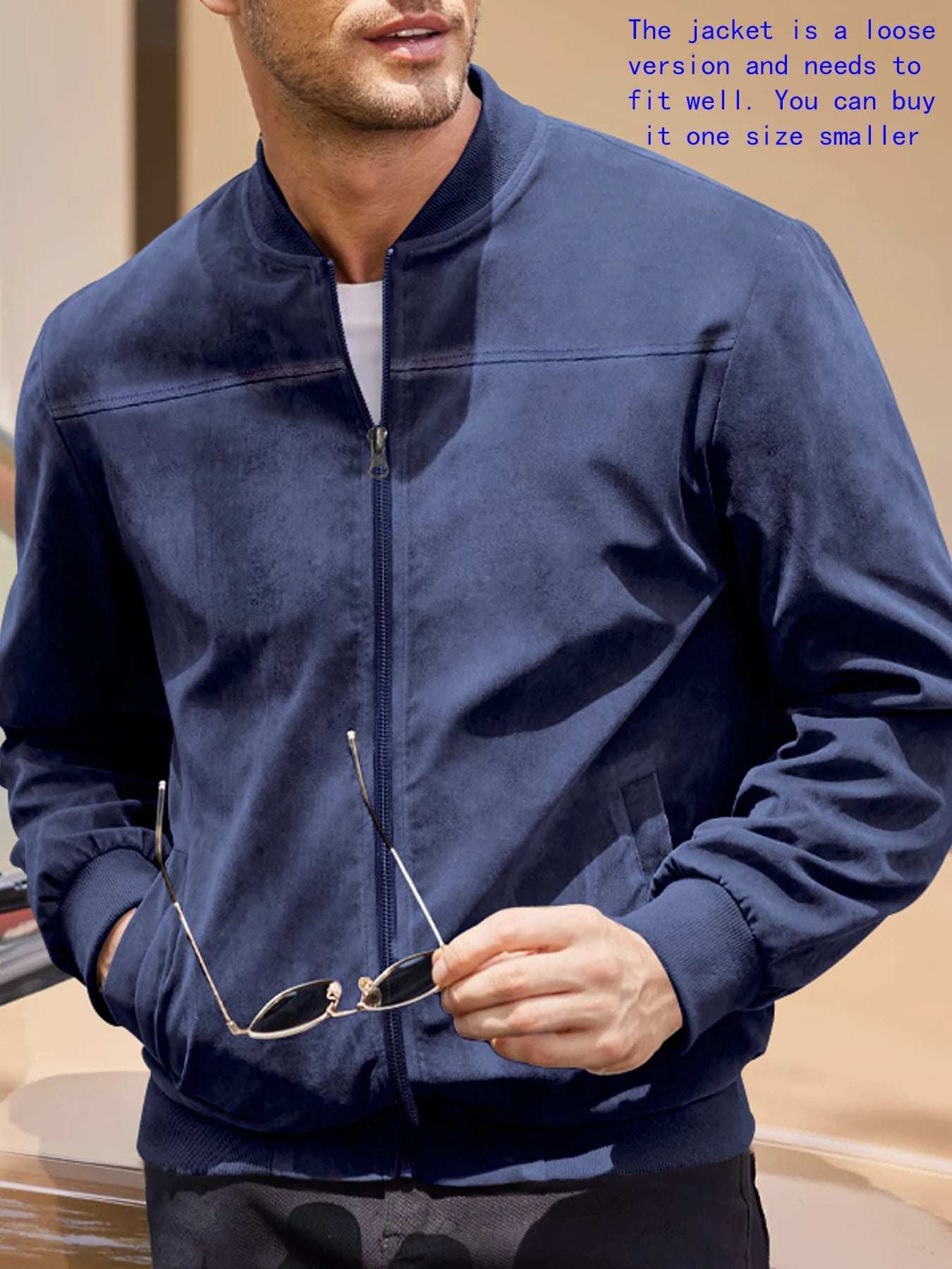 Men’s Suede Zip-Up Bomber Jacket – Casual Sport and Golf Style
