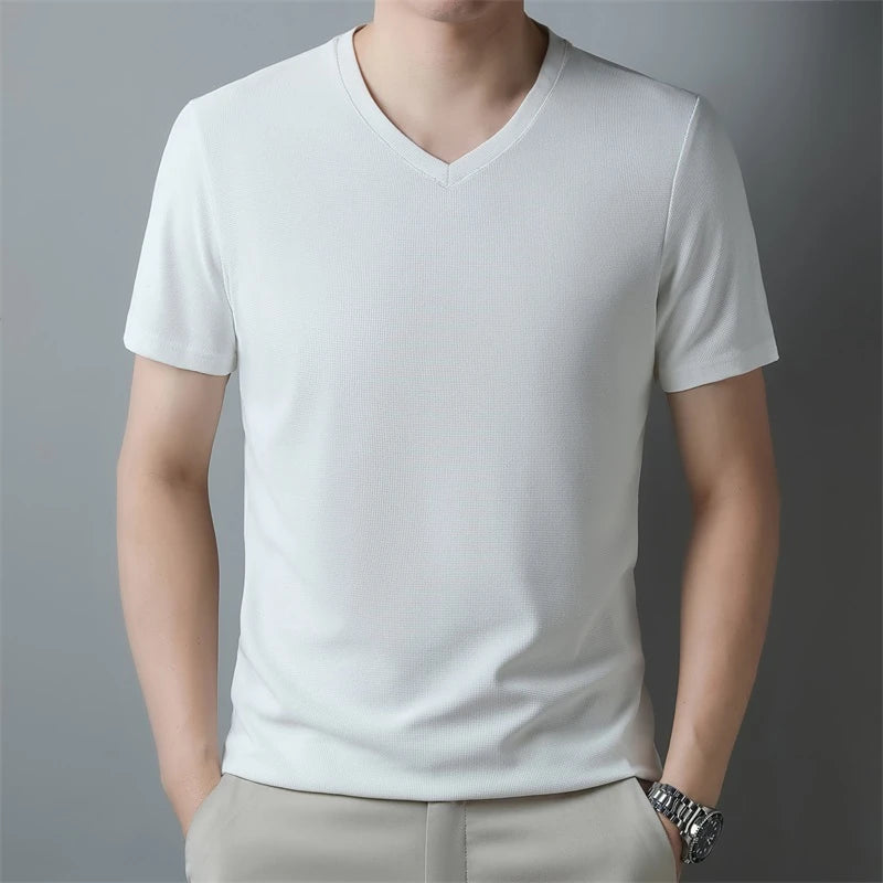 Men’s Waffle Knit V-Neck T-Shirt – Summer Casual Short Sleeve Top 2024
