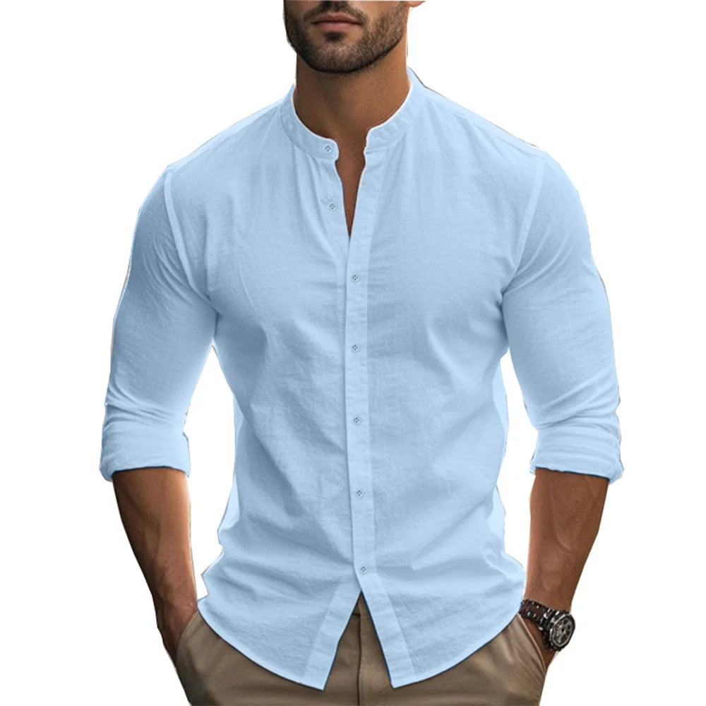 Men’s Cotton Linen Henley Shirt – Slim Fit, Breathable Solid Color Casual Wear