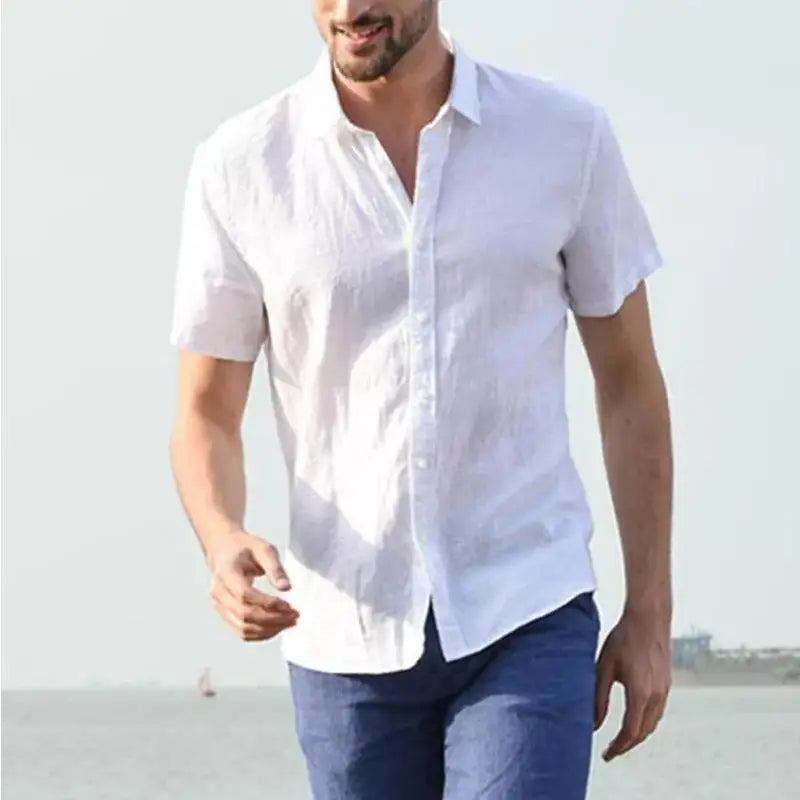 Men’s Casual Cotton Linen Short Sleeve Shirt – Solid Color Summer Beachwear