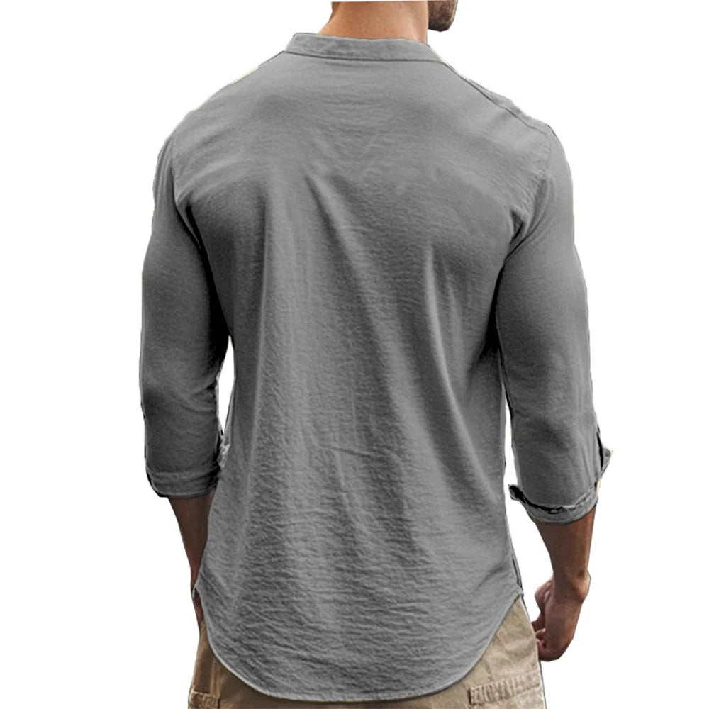 Men’s Cotton Linen Henley Shirt – Slim Fit, Breathable Solid Color Casual Wear