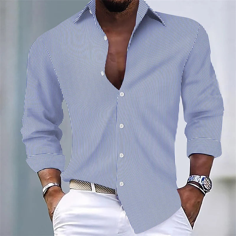 Men’s Summer Striped Shirt – Casual Long Sleeve Style for Holidays and Daily Wear