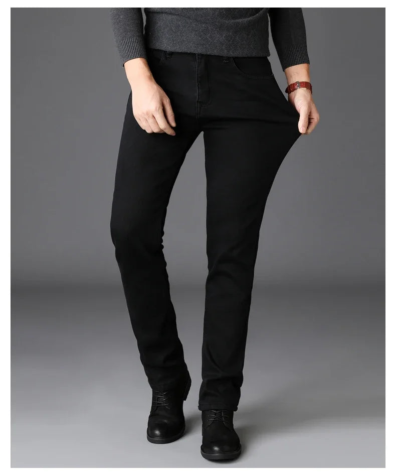 Men’s Classic Black Stretch Jeans – Soft Denim Biker Pants for Spring & Autumn
