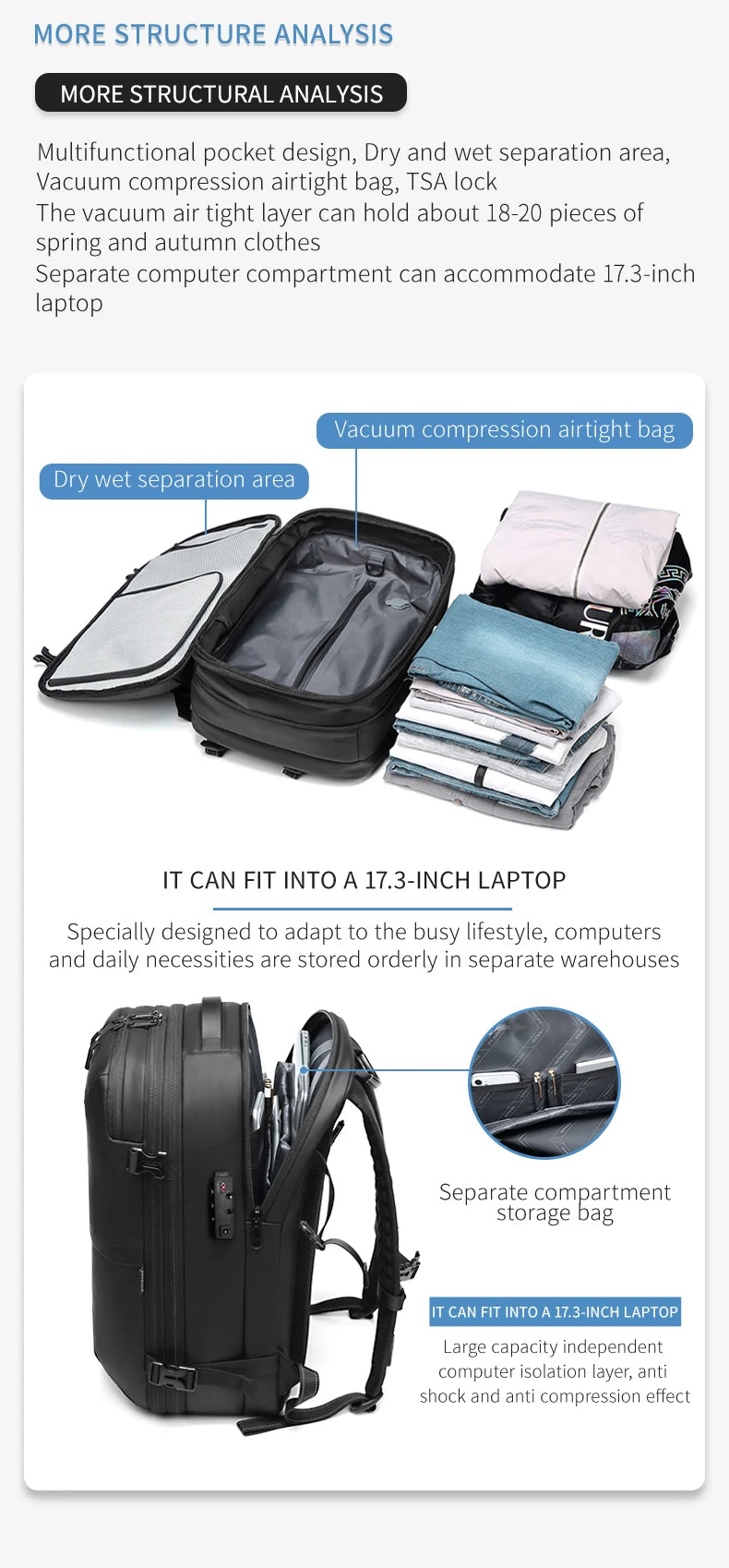 Men's Expandable Travel Backpack with Vacuum Compression – 17-Inch Laptop, Large Capacity, Business & School Outdoor Hiking Bag