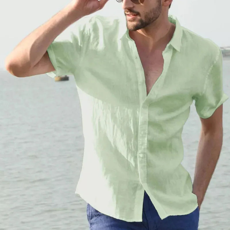 Men’s Casual Cotton Linen Short Sleeve Shirt – Solid Color Summer Beachwear