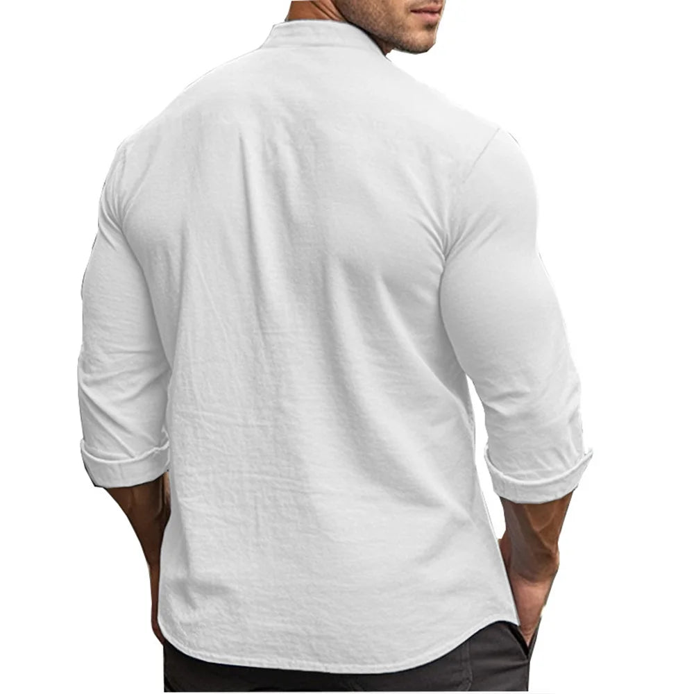 Men’s Cotton Linen Henley Shirt – Slim Fit, Breathable Solid Color Casual Wear