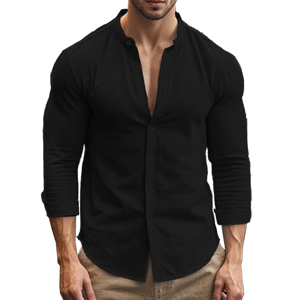 Men’s Cotton Linen Henley Shirt – Slim Fit, Breathable Solid Color Casual Wear