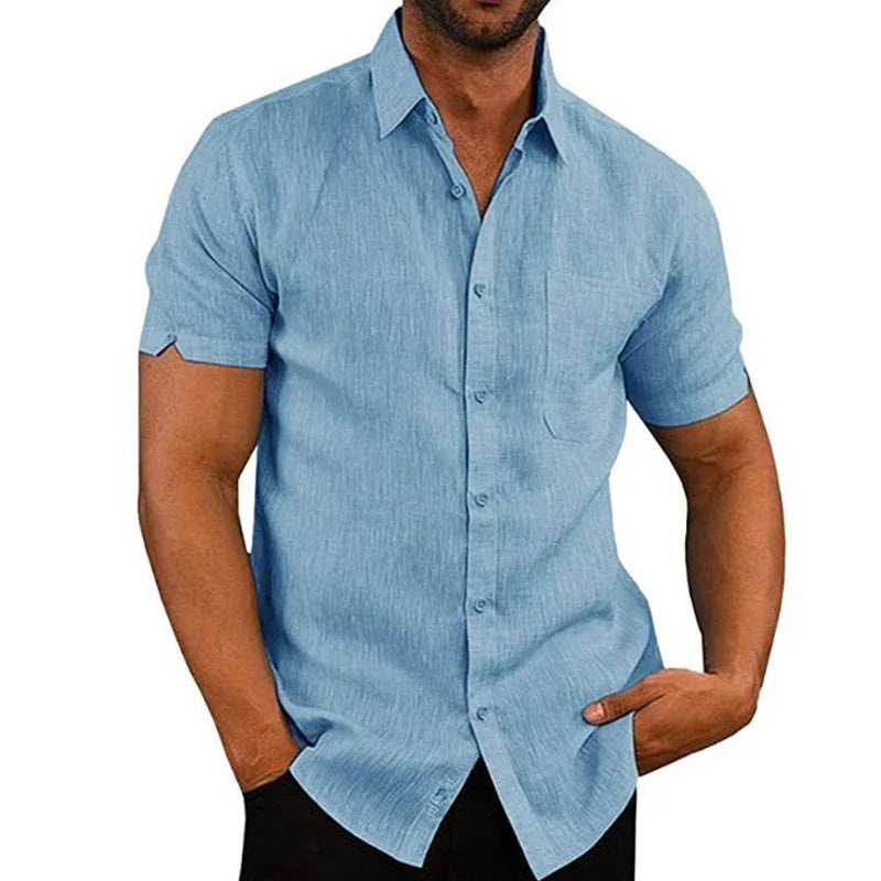 Men’s Summer Cotton Linen Shirt – Short Sleeve, Turn-Down Collar, Casual Style