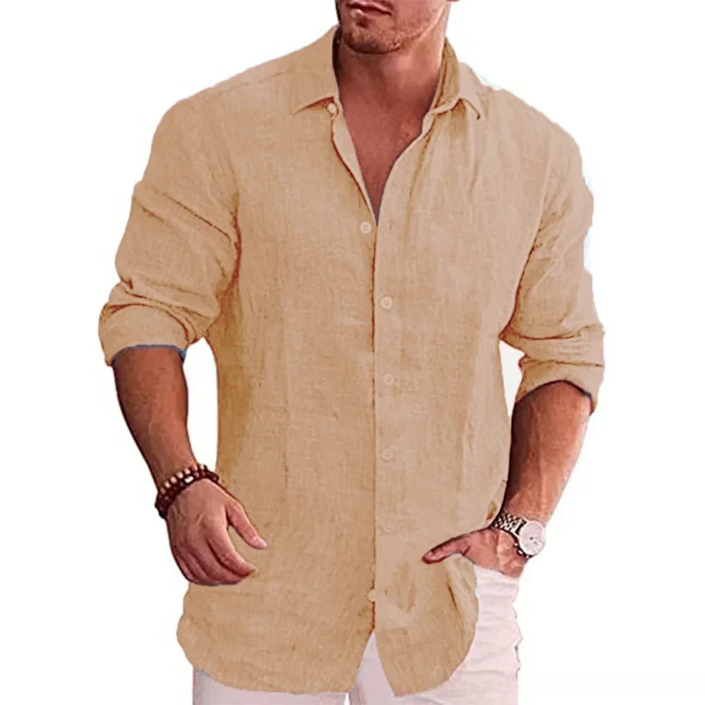 Men’s Casual Cotton-Linen Shirt – Long Sleeve, Solid Color, Plus Size