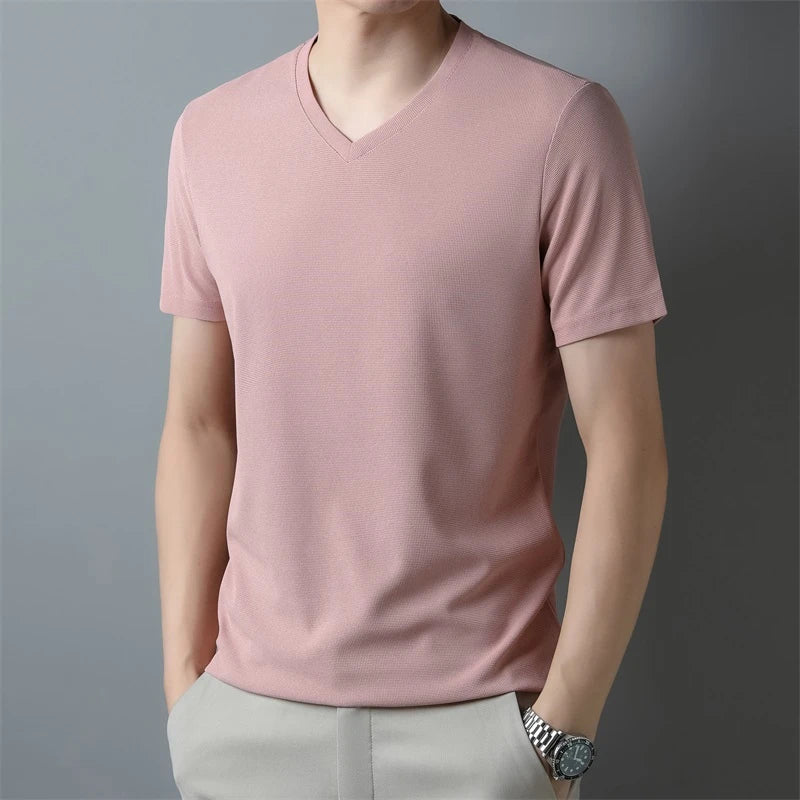 Men’s Waffle Knit V-Neck T-Shirt – Summer Casual Short Sleeve Top 2024