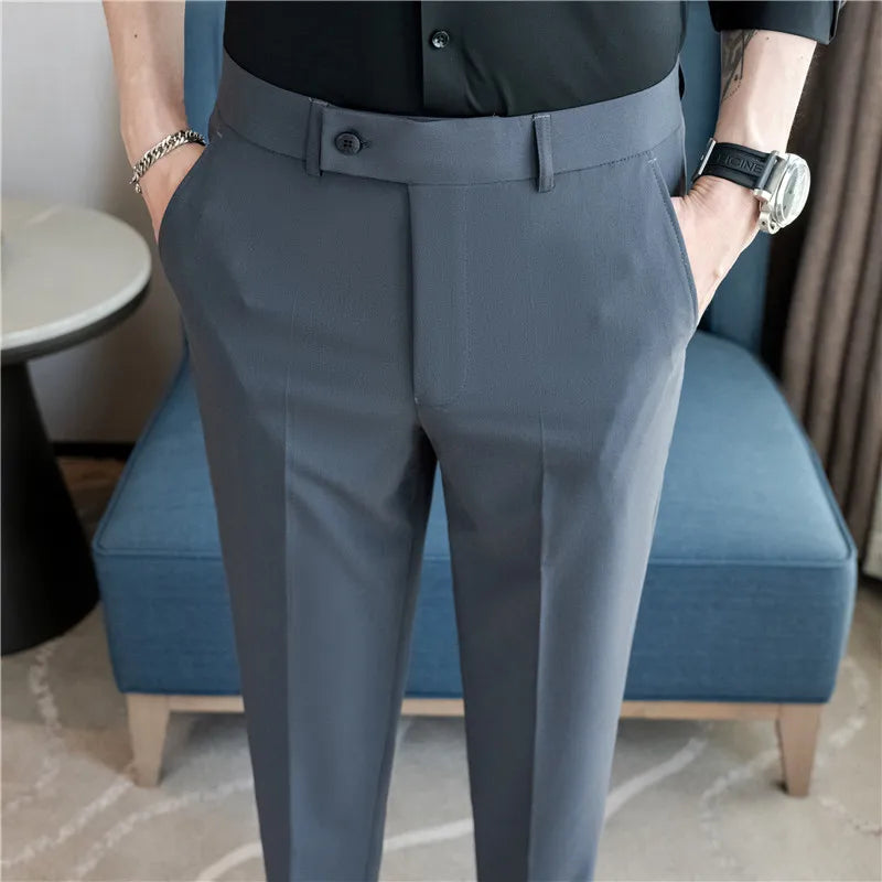 Men’s Stretch Solid Color Trousers – Slim Fit Ankle-Length Pants for Business, Casual & Formal Events