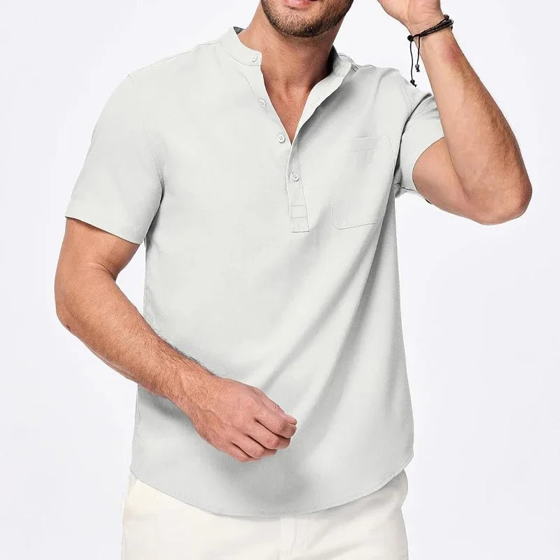 Men’s Henley Cotton-Linen T-Shirt – Short Sleeve Casual Tee with Button Pocket