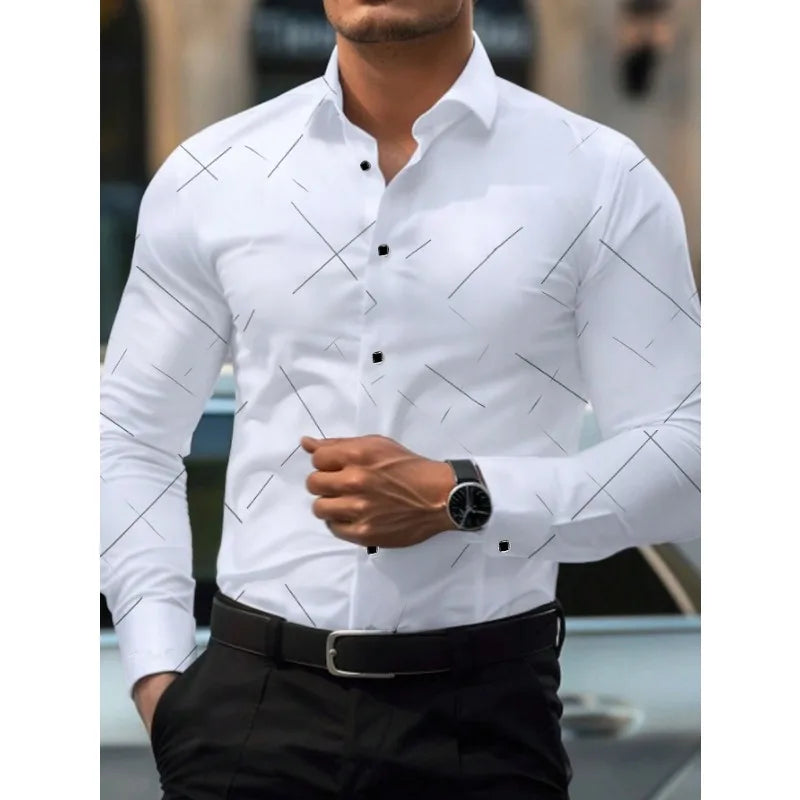 FGKKS Men's Printed Long Sleeve Shirt – Fashion Casual White Shirt for Men