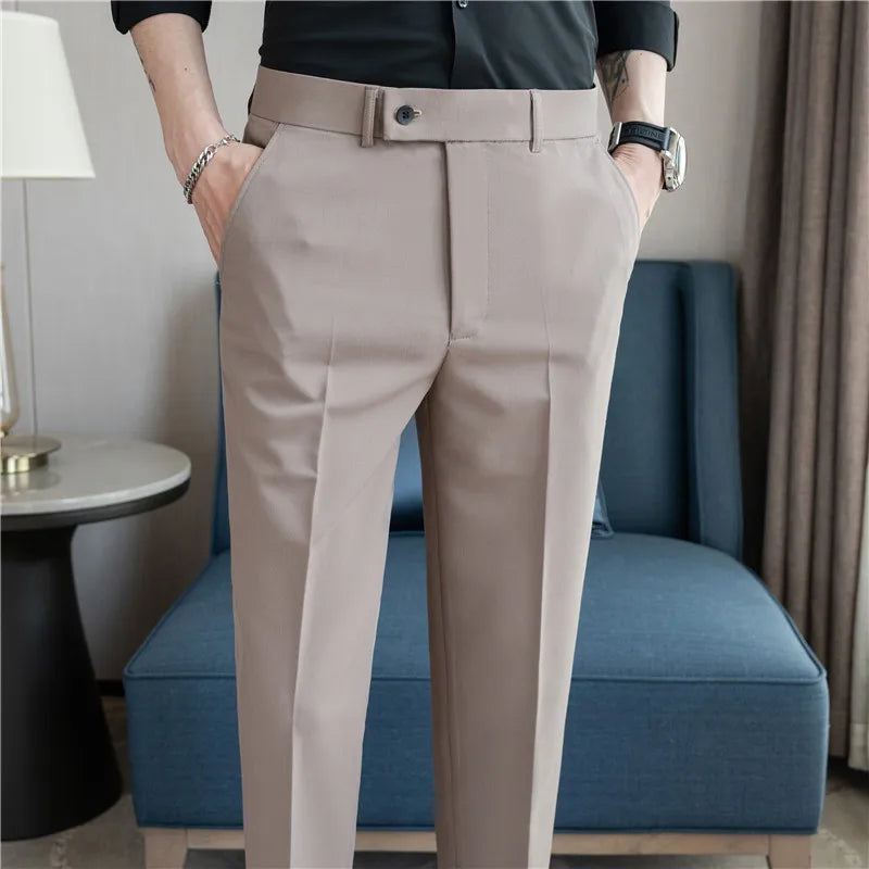 Men’s Stretch Solid Color Trousers – Slim Fit Ankle-Length Pants for Business, Casual & Formal Events