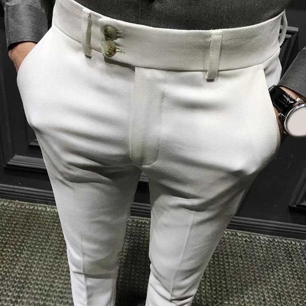 Men’s Slim Fit Ankle-Length Suit Pants – Trendy Office Trousers with Zipper Closure