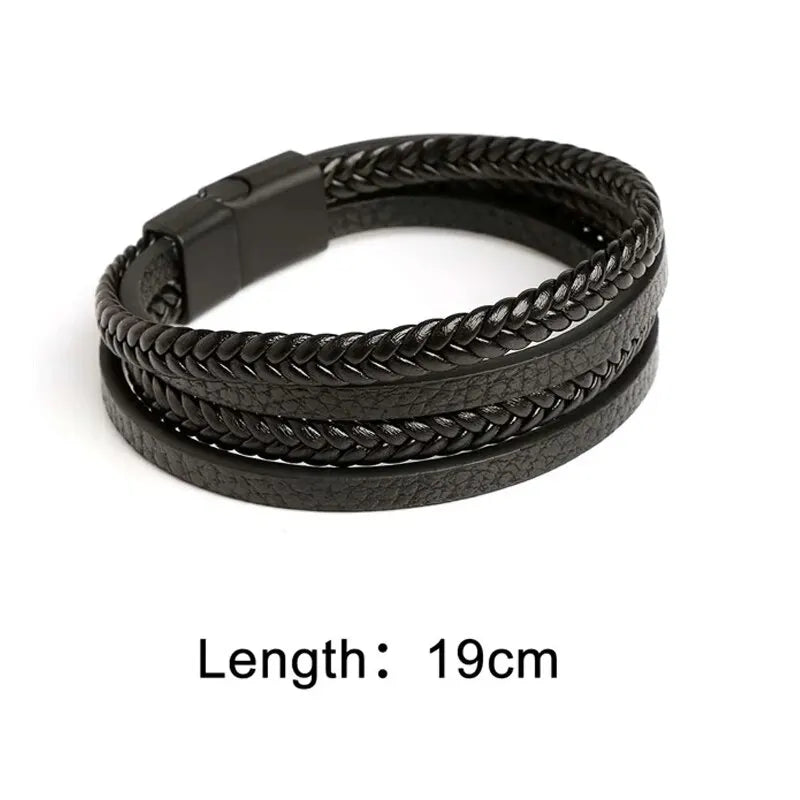 Men’s Trendy Leather Bracelet – Stainless Steel Multilayer Braided Rope Jewelry
