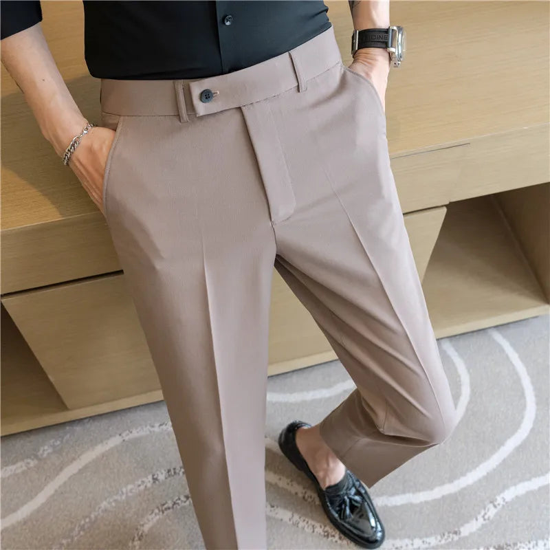 Men’s Stretch Solid Color Trousers – Slim Fit Ankle-Length Pants for Business, Casual & Formal Events