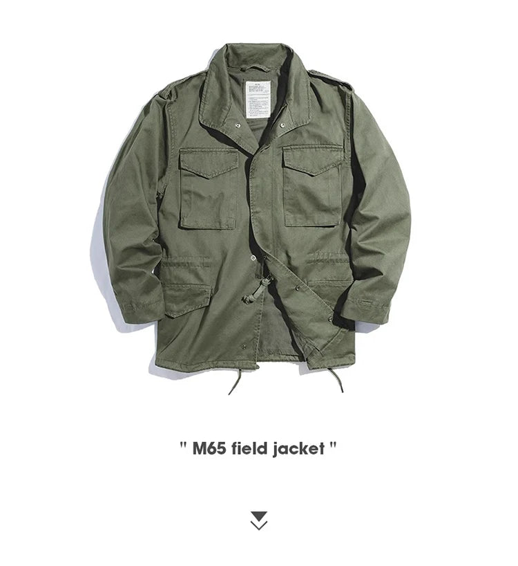 M65 Field Jacket, Men's Military Jacket, Retro Multi Pocket Collar Zipper Jacket, 100% Cotton
