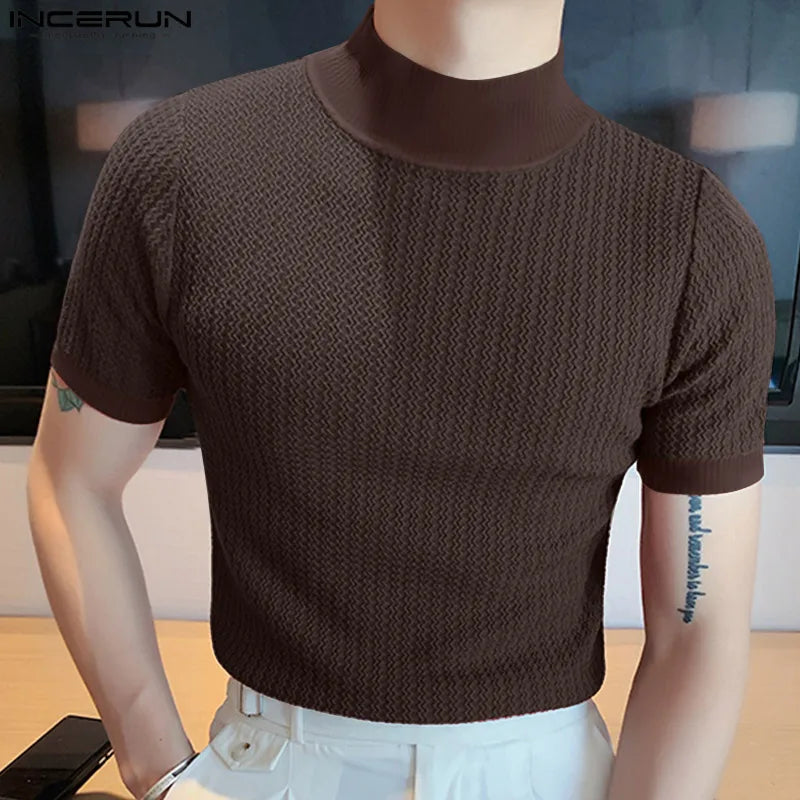 Men’s Summer Slim Fit High Neck Textured T-Shirt
