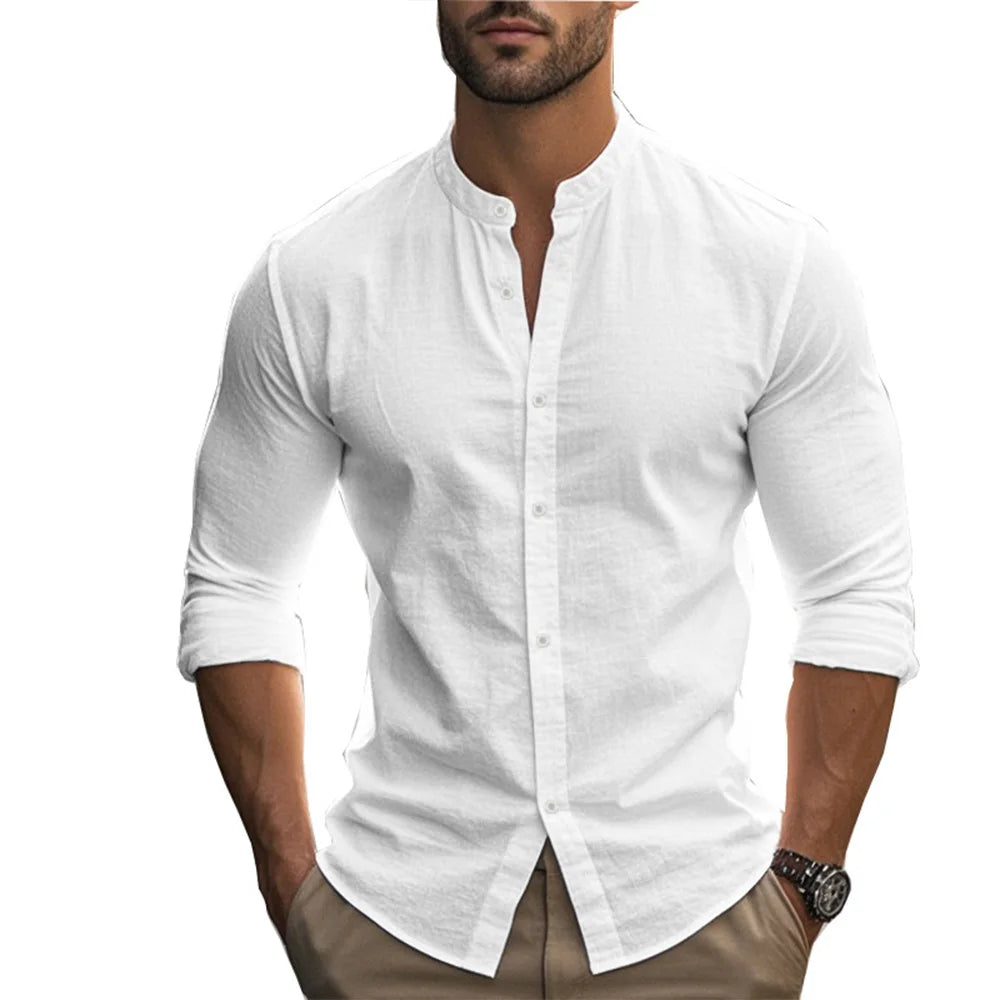Men’s Cotton Linen Henley Shirt – Slim Fit, Breathable Solid Color Casual Wear