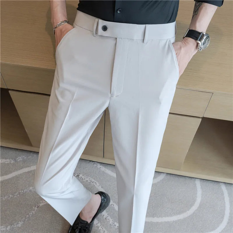 Men’s Stretch Solid Color Trousers – Slim Fit Ankle-Length Pants for Business, Casual & Formal Events