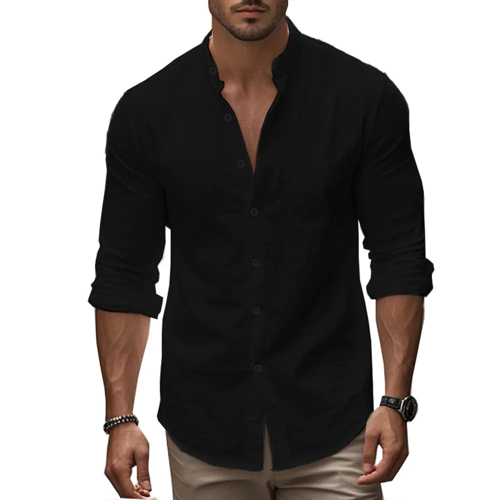 Men’s Cotton Linen Henley Shirt – Slim Fit, Breathable Solid Color Casual Wear