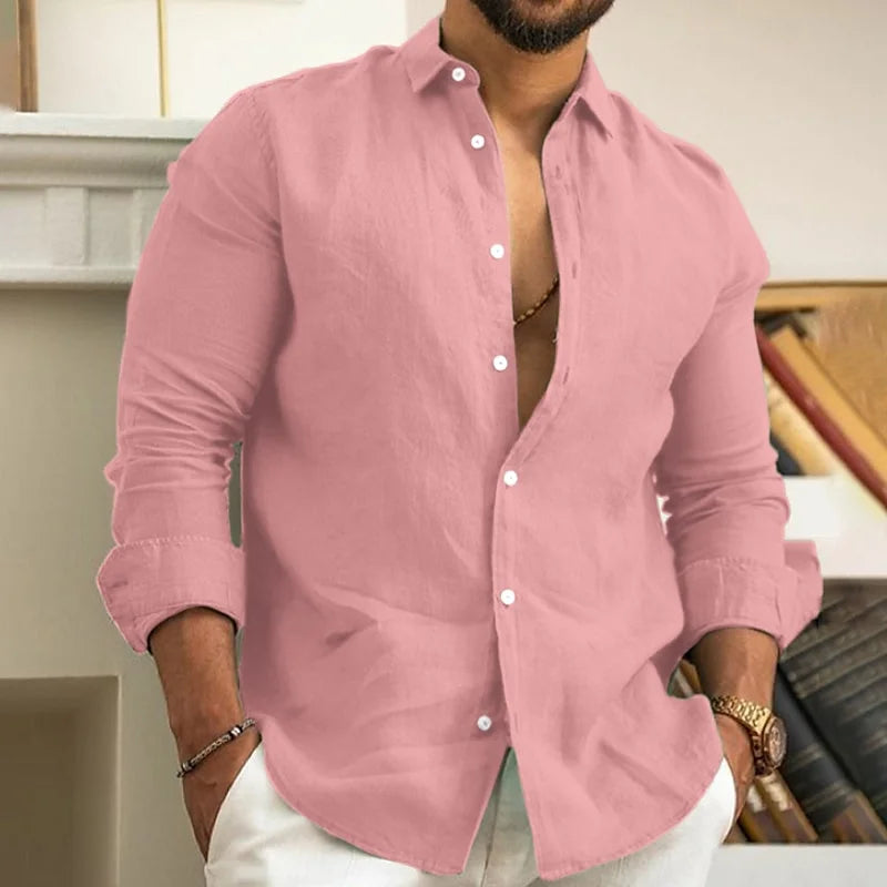 Men's 2024 Linen Beach Shirt – Long Sleeve Casual Button-Up, Solid Color Lapel Top, Lightweight Spring Summer Shirt XS–6XL