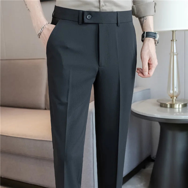 Men’s Stretch Solid Color Trousers – Slim Fit Ankle-Length Pants for Business, Casual & Formal Events