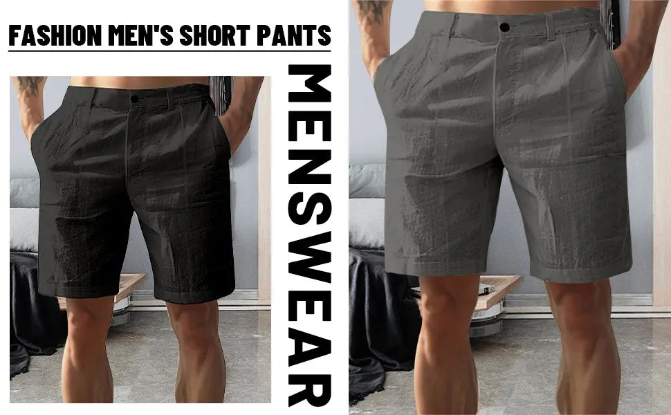 Men’s Solid Color Linen Shorts – Breathable Casual Beach Pants for Summer Holiday