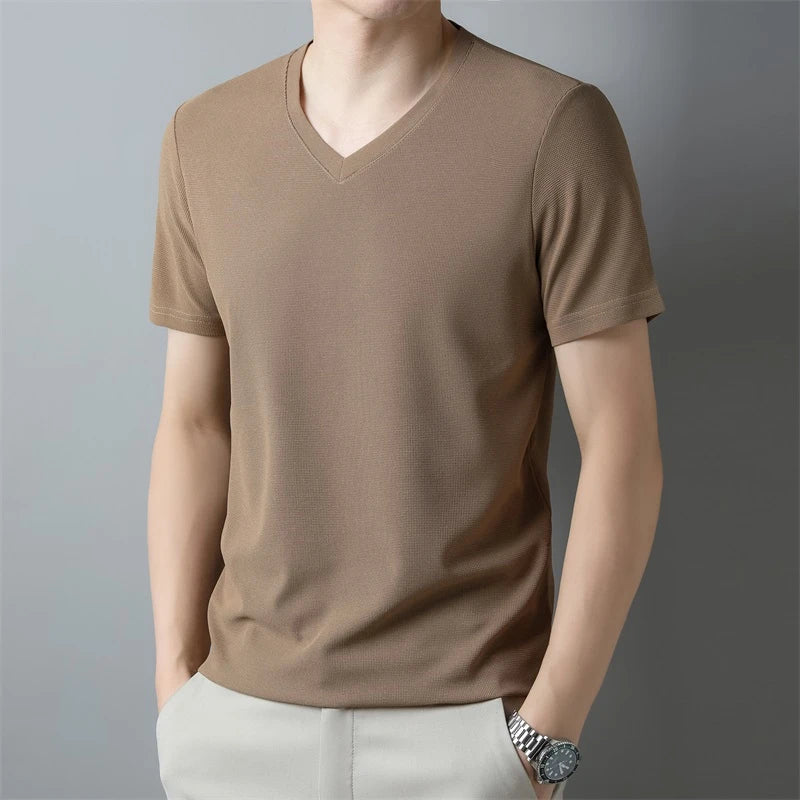 Men’s Waffle Knit V-Neck T-Shirt – Summer Casual Short Sleeve Top 2024