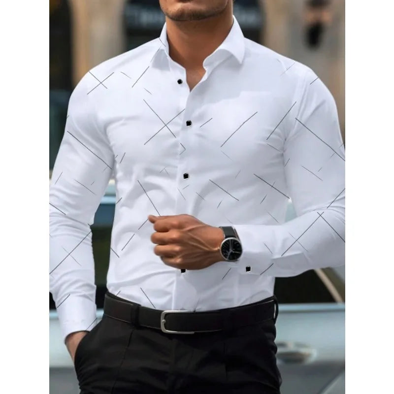 FGKKS Men's Printed Long Sleeve Shirt – Fashion Casual White Shirt for Men