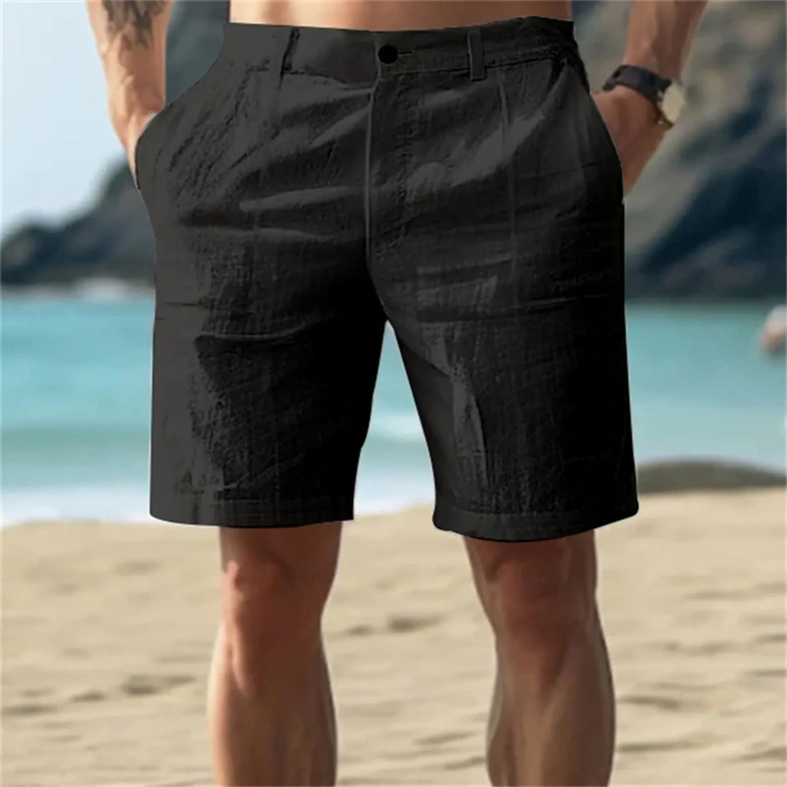 Men’s Solid Color Linen Shorts – Breathable Casual Beach Pants for Summer Holiday