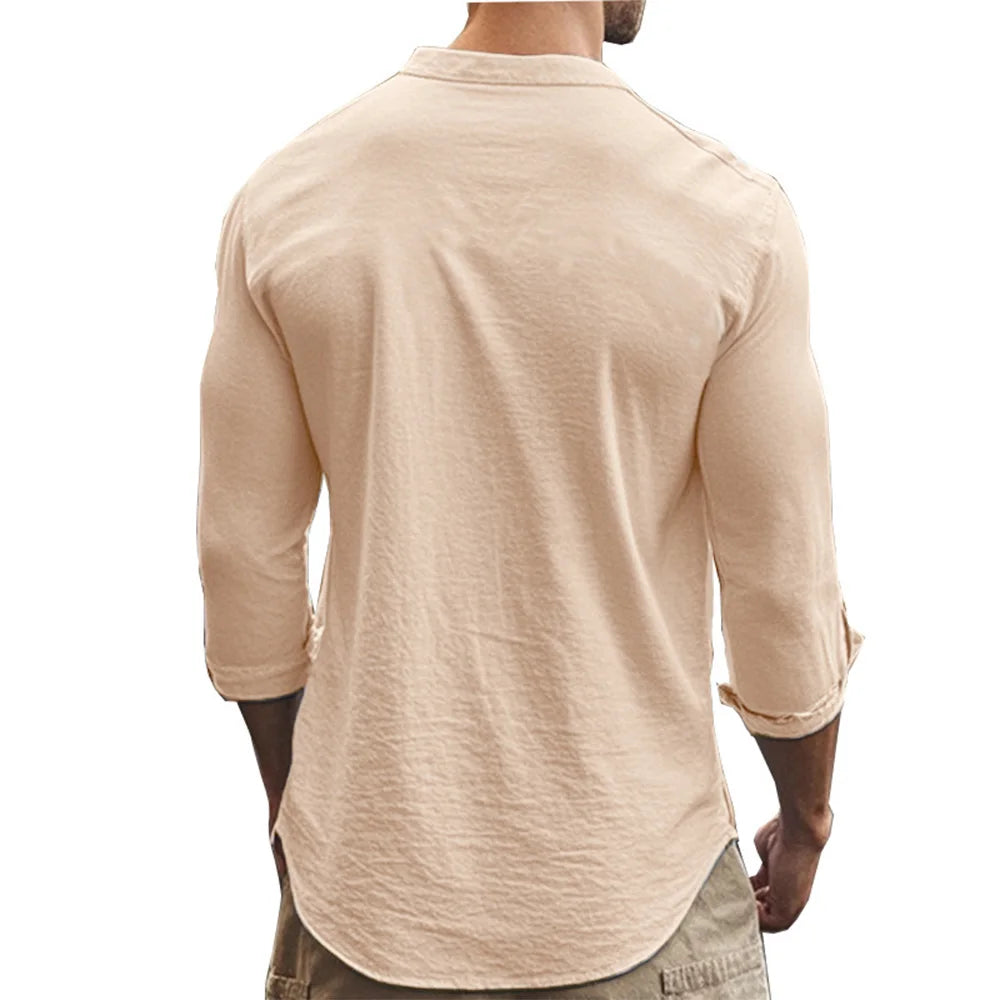 Men’s Cotton Linen Henley Shirt – Slim Fit, Breathable Solid Color Casual Wear